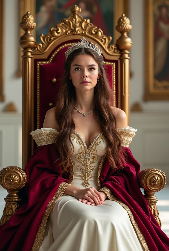 A young beautiful princess with long chestnut colored hair and dark brown eyes, wearing a maroon and white gown with gold linings together with her crown made with diamonds, sitting on her throne inside the white kingdom.