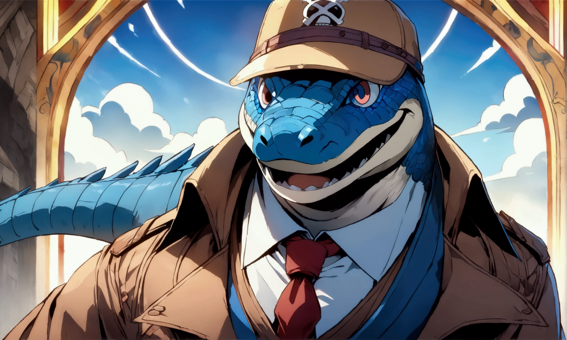 Blue alligator, 70s journalist outfit, confident smile, old newspaper background, ((Intricate anime character design inspired by One Piece)), ((Stunning lighting)), ((Fine lines)), ((Stunning focus)), ((Stunning face)), ((Detailed focus)), ((Detailed background)), ((Ultra-fine 2D design)), ((Creative backdrop)), ((2D masterpiece)), ((Best quality), ((8K anime style))