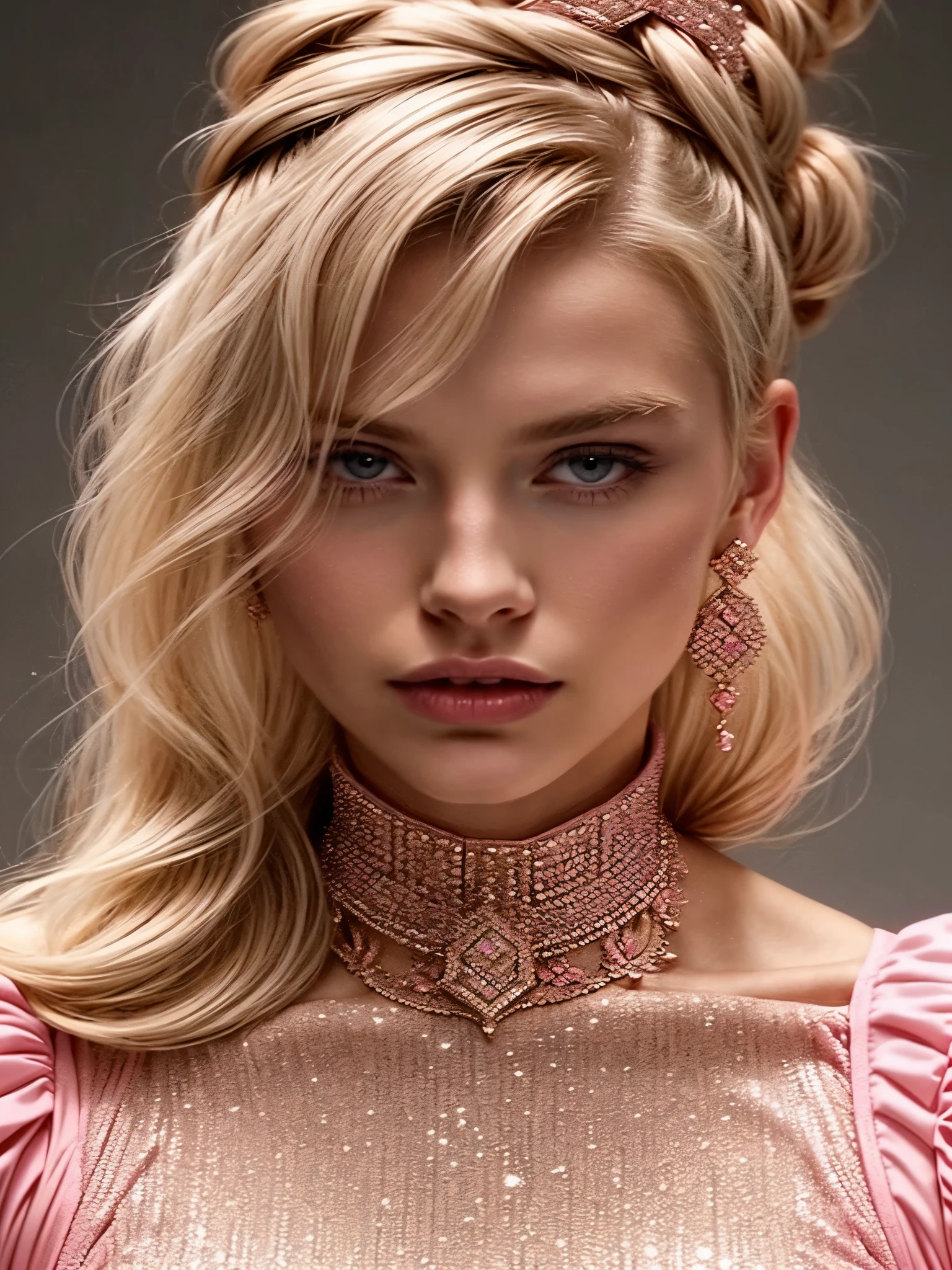 an eye contact of a blond with bun hair and pink theme, big diamond collar, big diamond earrings 