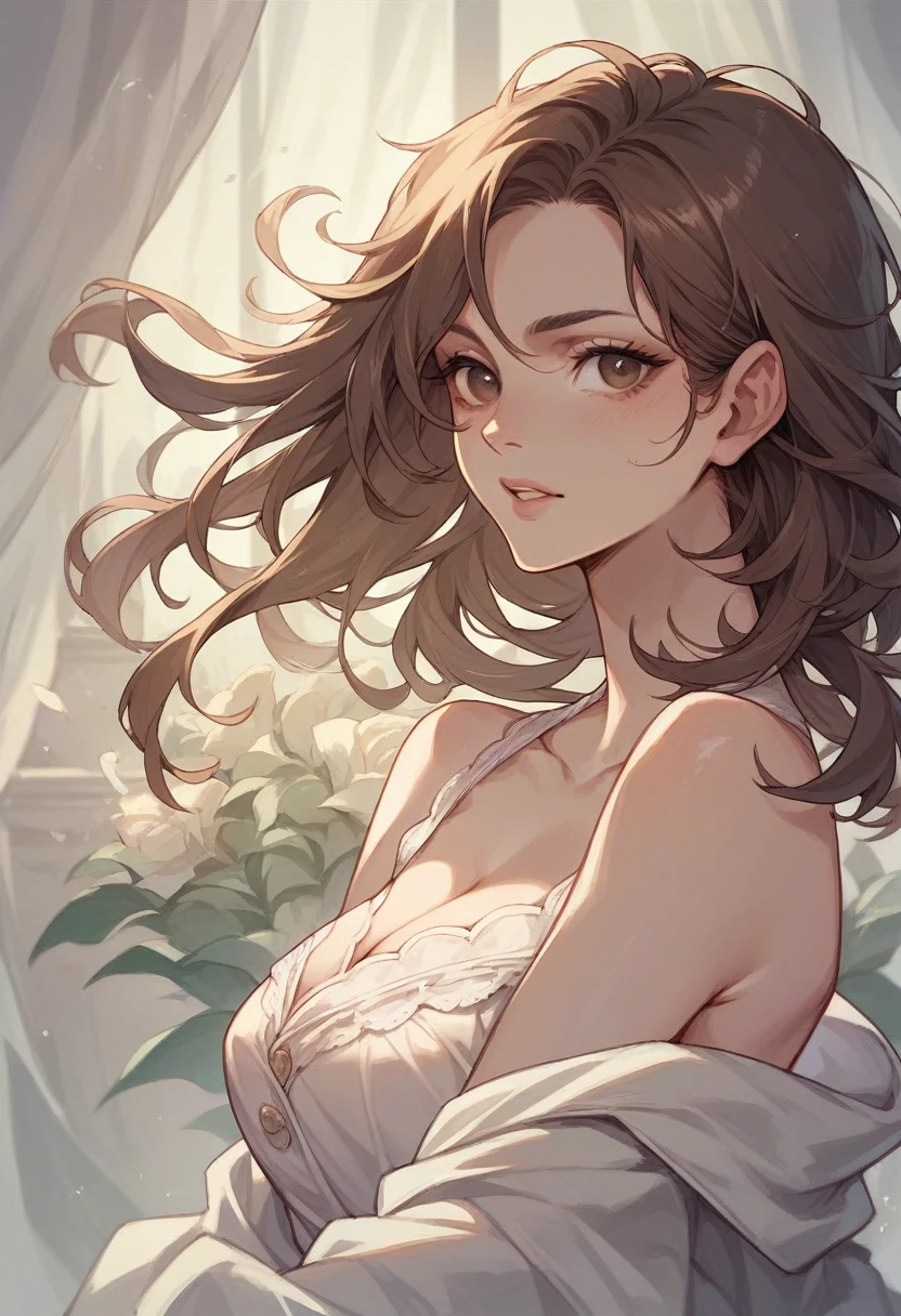Create a realistic sensual model, white and brown hair