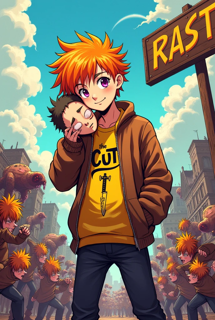 This image has to be in anime, An 18-year-old teenager, he is headless but he is holding his head with his left hand.. He has orange hair and purple eyes and is giving a beautiful smile.. He is wearing a yellow and brown outfit that says Cut with a drawing of a machete.. He is missing his right arm. He is in a battle zone with several clones of him fighting monsters and has a sign that says his name Felix the Cut. This plate is trapped inside your body, passing by it.