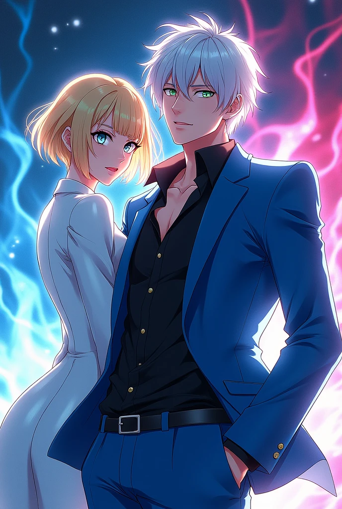 Satoru Gojo,Youngh,,White hair,blue green eyes,open blue suit with a black shirt underneath, a white woman with short blonde hair on the side,anime image.