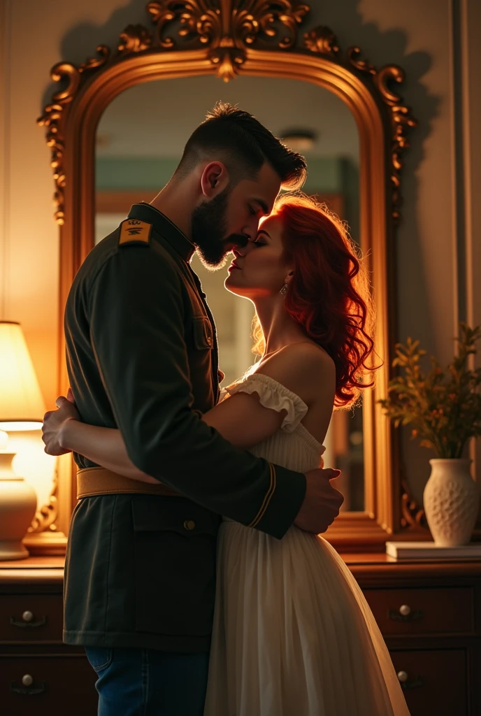 Couple hugging, standing in front of a mirror, tall guy with mustache and military haircut, with beard, Skinny guy. Short woman of 1.60 tall chubby, red hair and white. hugged, kissing, couple, young people in front