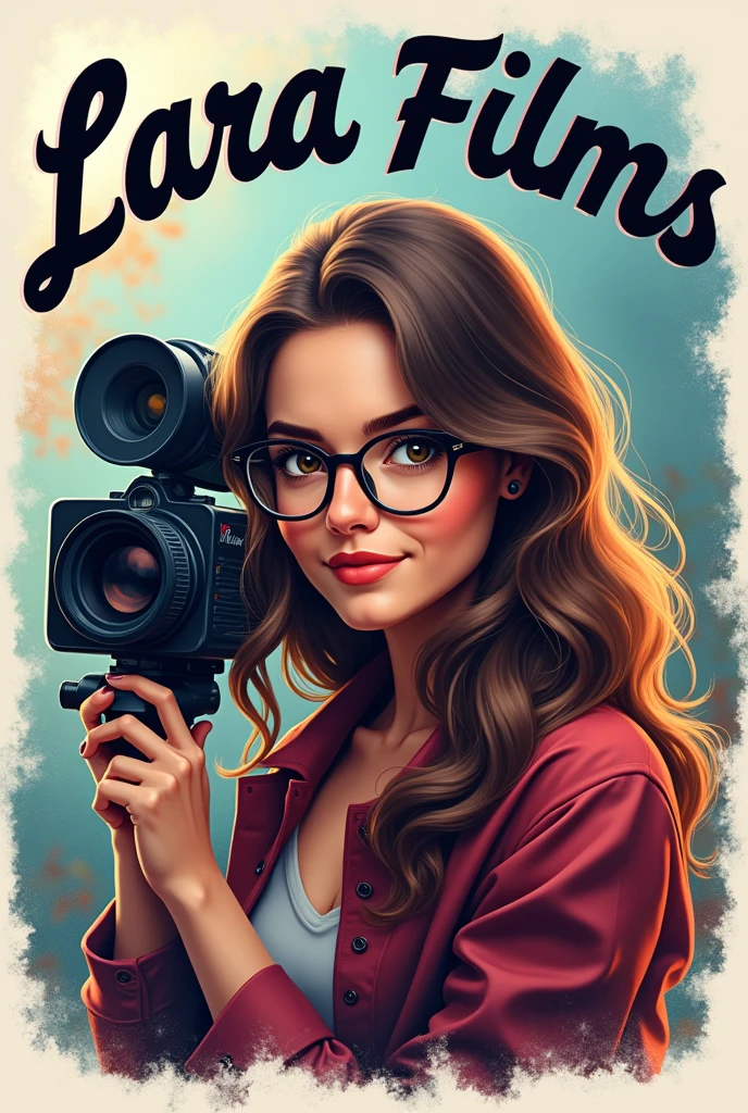 Videomaker logo with a young woman wearing glasses holding a recording camera and with the name Lara films