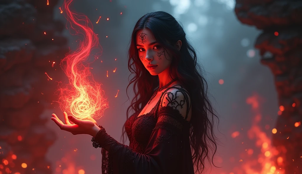 Fantasy-themed digital artwork featuring a young Mage woman with long, wavy dark hair and light skin. dark fantasy dress. Her face is adorned with glowing red , vein-like patterns, and she has intense, focused eyes. She is surrounded by swirling red magical energy, which she appears to be controlling with her outstretched hand. The background is dark with scattered, glowing embers flames, adding to the mystical atmosphere.