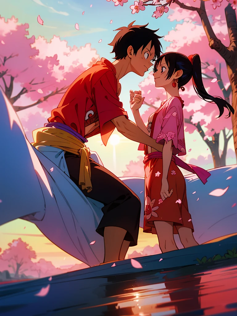Masterpiece quality, 8k, a boy, monkey d Luffy and a girl,boa Hancock, under cherry blossom trees, drifting cherry blossoms, sunset, onepiece, Luffy, Hancock,couple,cute,pose, couple, kissing