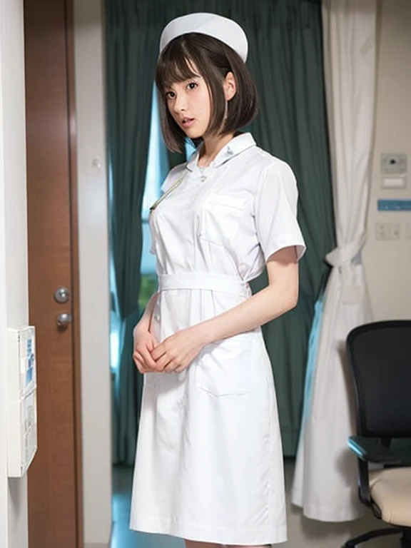 woman, alone, (Wearing white nurse clothes:1.2), (Bobcut), Shortcuts,bangs, Black Hair, nurse, Perfect Anatomy, nurse uniform, (Nurse cap), (White costume), Long skirt, hospital, Face close-up,