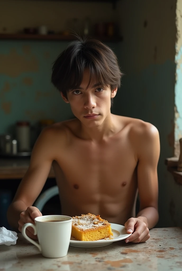 Young man , face perfect, honey eyes , skinny sexy , wearing no shirt, muscular straight rebellious hair, He is sitting at the table eating cornmeal cake with coffee., dirty poor kitchen, falling apart, in favela , He's hungry , is 15 years old