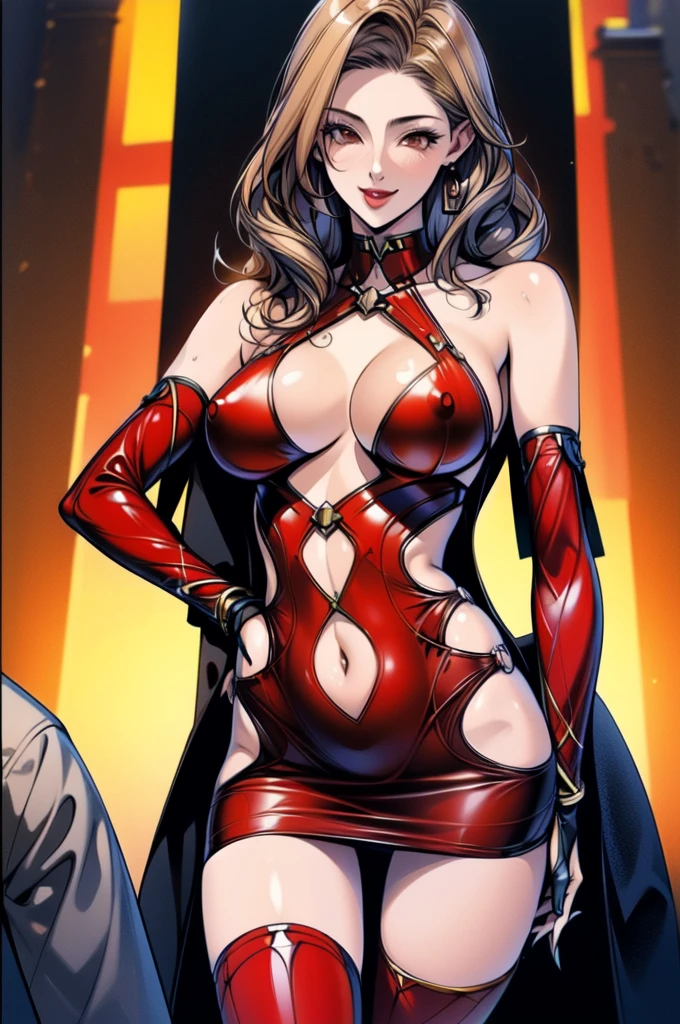 (masterpiece, best quality, ultra detailed, absurdres)1.5, 1girl, (sexy, beautiful woman, perfect face, perfect eyes, perfect female body)1.5, (, wavy hair, long hair, blonde hair, red eyes, mature female, milf, v-shaped eyebrows, red lips, extremely detailed clothes, smile, red elbow gloves, red thigh boots, hand on own hip, red impossible clothes,very detailed, depth of fields。Create depth with atmospheric lighting,wide shot,detail,（Hyper-detailing), Complicated details), High resolution CGI artwork 8k),  palace, luxury, stained glass, night, contraposto, sharp focus, highres, elaborate atmosphere:0.90, 8K, 4K, UHD, 32k UHD resolution, realistic photo, professional photography, Ultra Detailed 8K CG, ultra high res, High quality texture, High quality shadows, vivid colors, AliciaViewstream