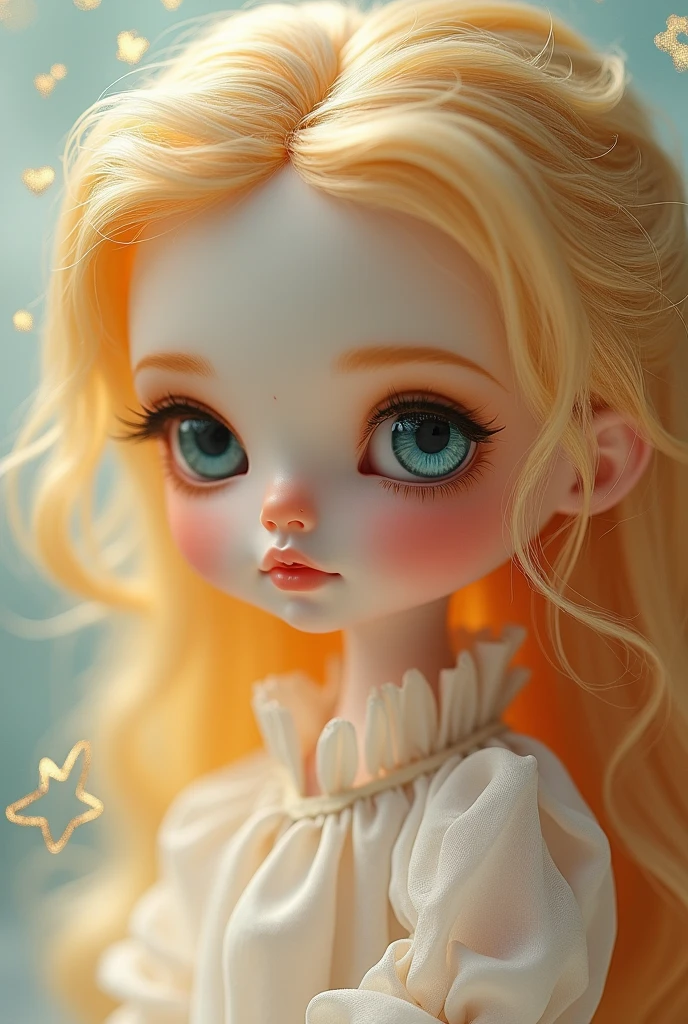 doll with verry cresp golden hair, white and luminous skin. Only your face are focused on in the image.