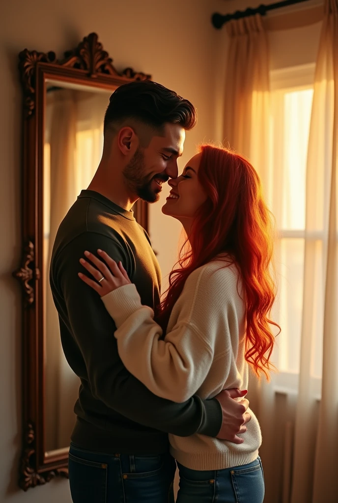 Couple hugging, standing in front of a mirror, tall guy with mustache and military haircut, with beard, Skinny guy. Short woman of 1.60 tall chubby, red hair and white. hugged, kissing, couple, young people in front, selphie