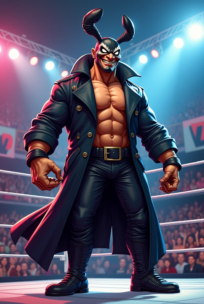Cartoon scorpion dressed like wrestler sting wearing trenchcoat 