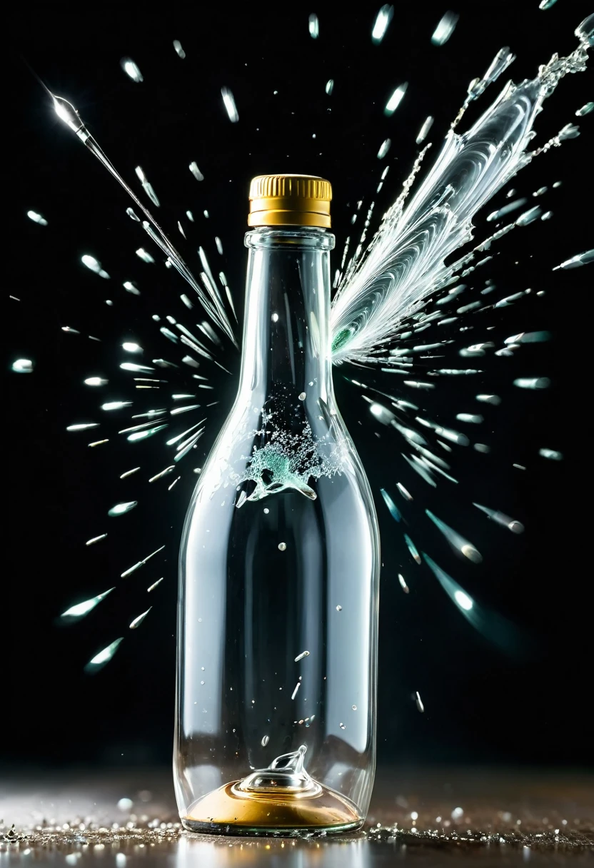 long exposure photo of a{breaking glass bottle hit by a bullet shot} in motion, vertical angle shot, blurred edges, slow shutter speed motion photography, shot on Fuji Film XT4 camera f/2. ISO 200