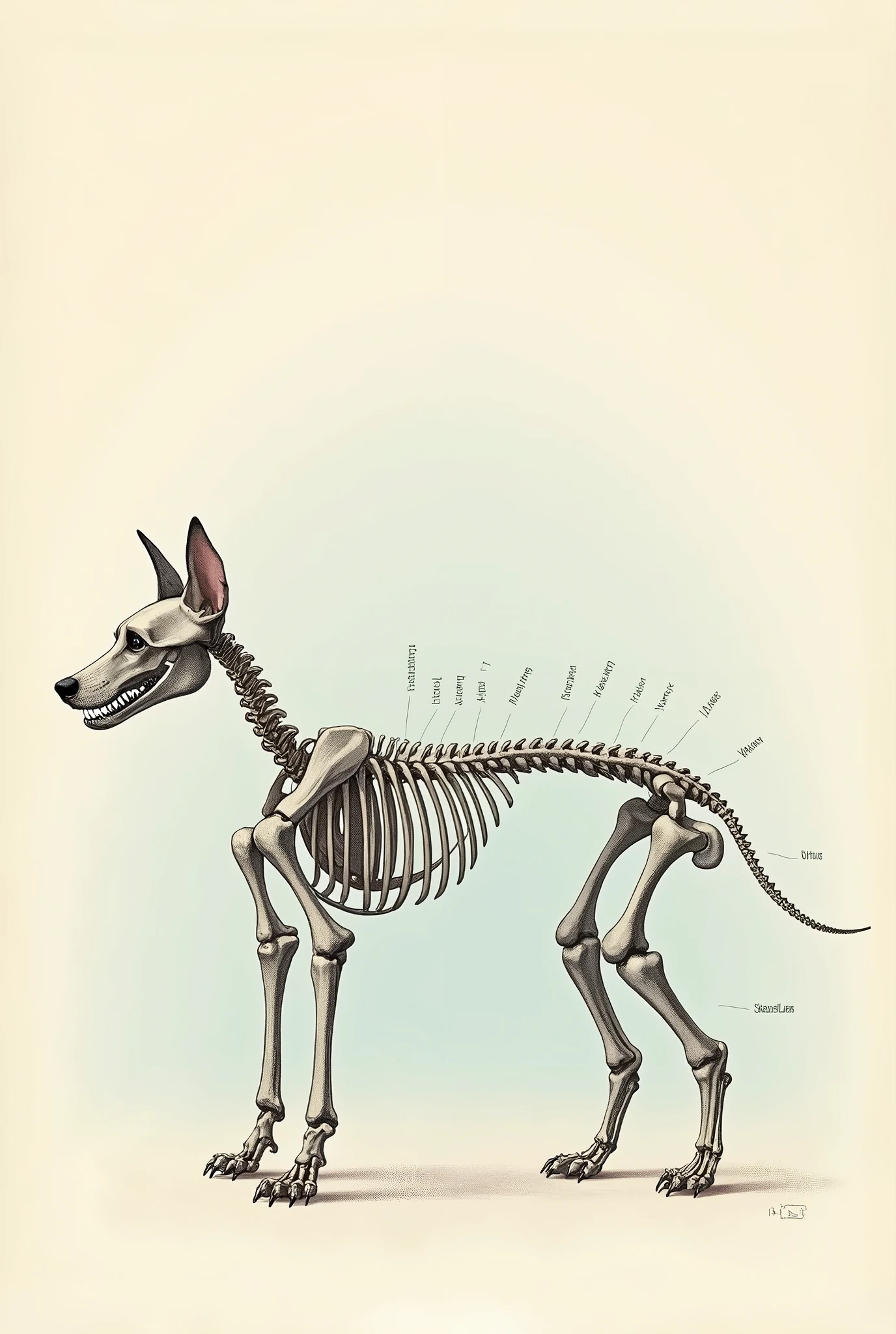 multi colored dog skeleton black background