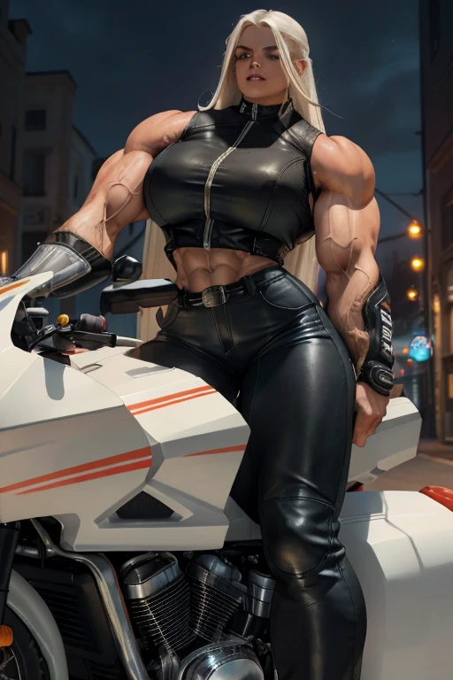 (((Close-up))), tall, (White hair) beautiful muscular woman, long straight hair, light brown skinned, large breast, closed smile, (black lipstick), (massive muscles), (hyper muscle), ((ginormous bulky muscles)), glowing blue eyes, (((sleeveless motorcyclist jacket))), (((motorcyclist pants))), boots, choker, sneakers, in a night town,