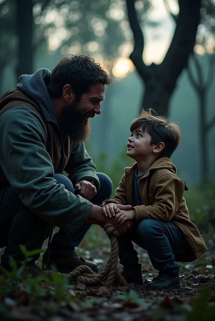 Father and son tied together by a rope, and the desperate son