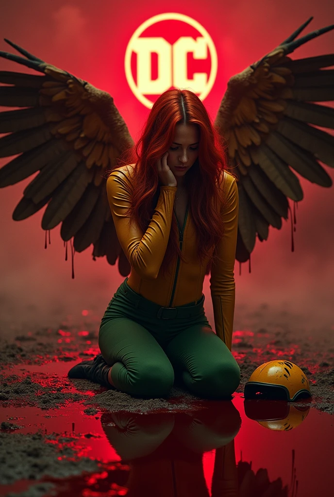 A beautiful woman Gaia Weiss under the mantle of the Thanagarian Warrior Shayera Holl aka Hawkgirl Long red hair on her knees with her hands on her face screaming exhausted after a battle blood around her Top in yellow leather with thick straps sticking out from her neck to her waist and green leather pants red boots and red gloves large brown wings reflection of her in the blood terrifying and bloody images two large wings sticking out of her back yellow helmet on the floor with hawk-shaped wings inside the blood Dc universe logo