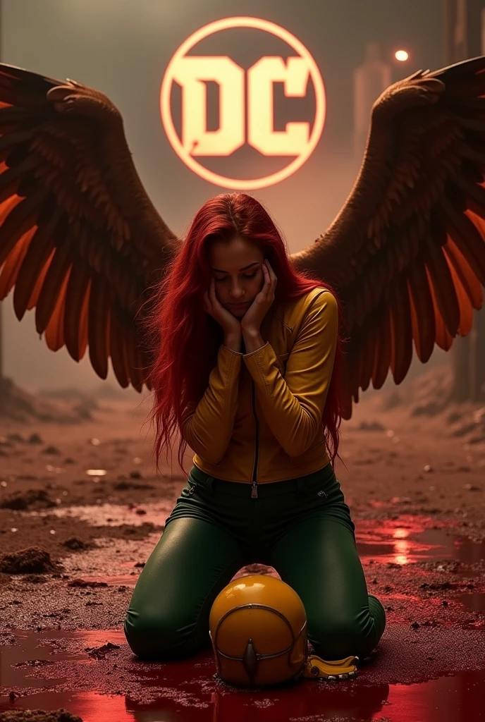 A beautiful woman Gaia Weiss under the mantle of the Thanagarian Warrior Shayera Holl aka Hawkgirl Long red hair on her knees with her hands on her face screaming exhausted after a battle blood around her Top in yellow leather with thick straps sticking out from her neck to her waist and green leather pants red boots and red gloves large brown wings reflection of her in the blood terrifying and bloody images two large wings sticking out of her back yellow helmet on the floor with hawk-shaped wings inside the blood Dc universe logo