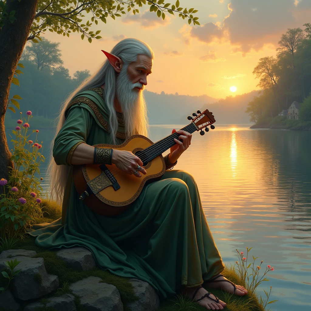 An elven bard playing the lute by the lake、Dungeons＆Dragons