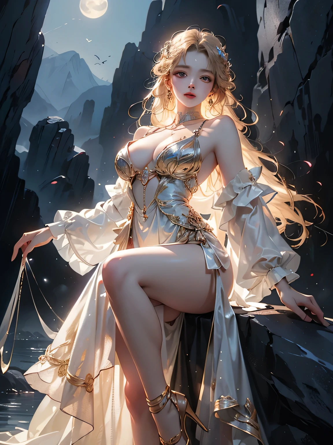time 2 ((whole body)), ((chest window, visible cleavage)), practical, fashion girl, Red lips, cute woman, Cosmetic, large eyes, beautiful eyes, ((whole body)), ((from below)), (Best Quality, masterpiece:1.2), Very detailed, (practical:1.37), ((long sexy legs)), beautiful, young and energetic, Charming Model, big breasts, Clive Arco, (exquisite eyes, delicate lips, extremely exquisite eyes), Show a bright smile, Create stunning girl images, warm color, very high color saturation, official art, Extremely detailed 8k unified CG wallpaper,(High dynamic range :1.4), (movie),(Soft colors, dull color, calming tone :1.3), (Natural skin texture, ultra-practical, luz outfit, sharp),(Very detailed), evening, Moonlight, ((in the mountains, plant, leaning against rocks))