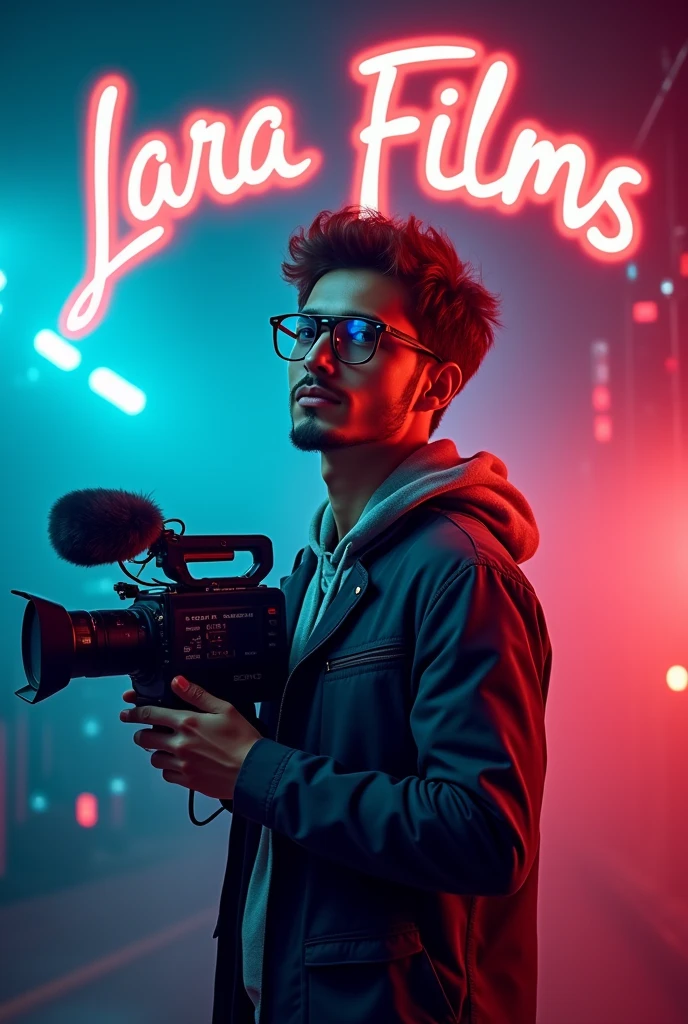 Videomaker logo with a young male wearing glasses holding a recording camera and with the name Lara films