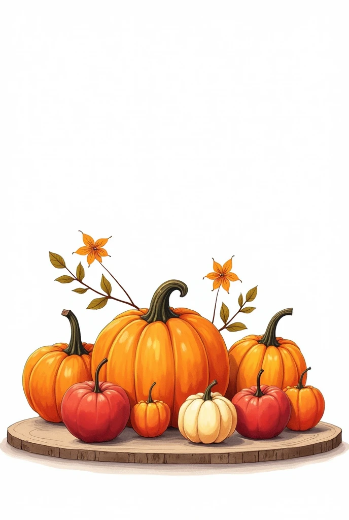 ""A cozy fall still life featuring pumpkins, apples, and gourds, arranged on a wooden table or mantel,anime,one line,clean and minimalistic line,line drawing style, pure white background. 