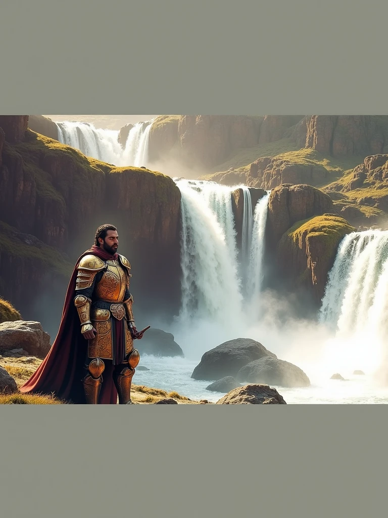 To wear golden armor and a waterfall background
