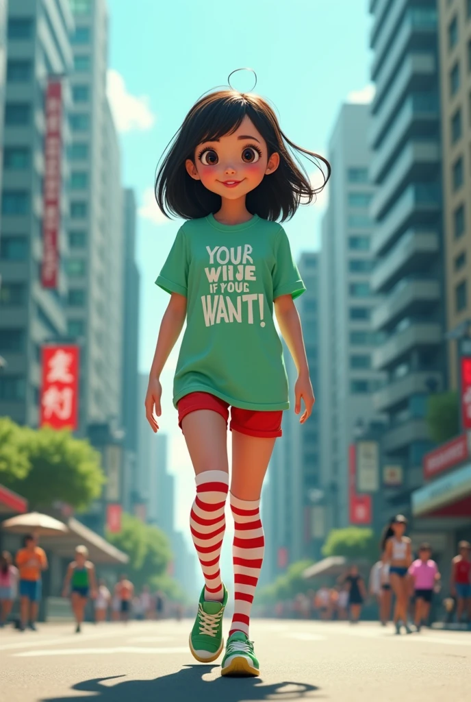 Meilin Lee Lora (Turning Red Character Lv 9) smiling, walking, Wearing a light green shirt with motivational print, Long latex socks with red and white stripes, (Estilo Pixar Lv 9) (Mischievous smile Lv 9) (City background Lv 9) (Perfect motivational text Lv 9) text on the shirt "you can win if you want!" (Negro Aéreo Lv 9) (Negrita Lv 9) (blue Lv 9) (Background contrast Lv 9) cinematographic, dramatic, masterpiece, dynamic view,