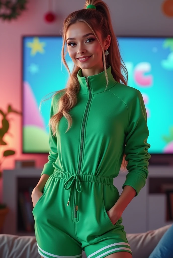 PNG character of a YouTuber wearing a green jumpsuit with white and green striped socks, one white sock, and a long light brown ponytail.