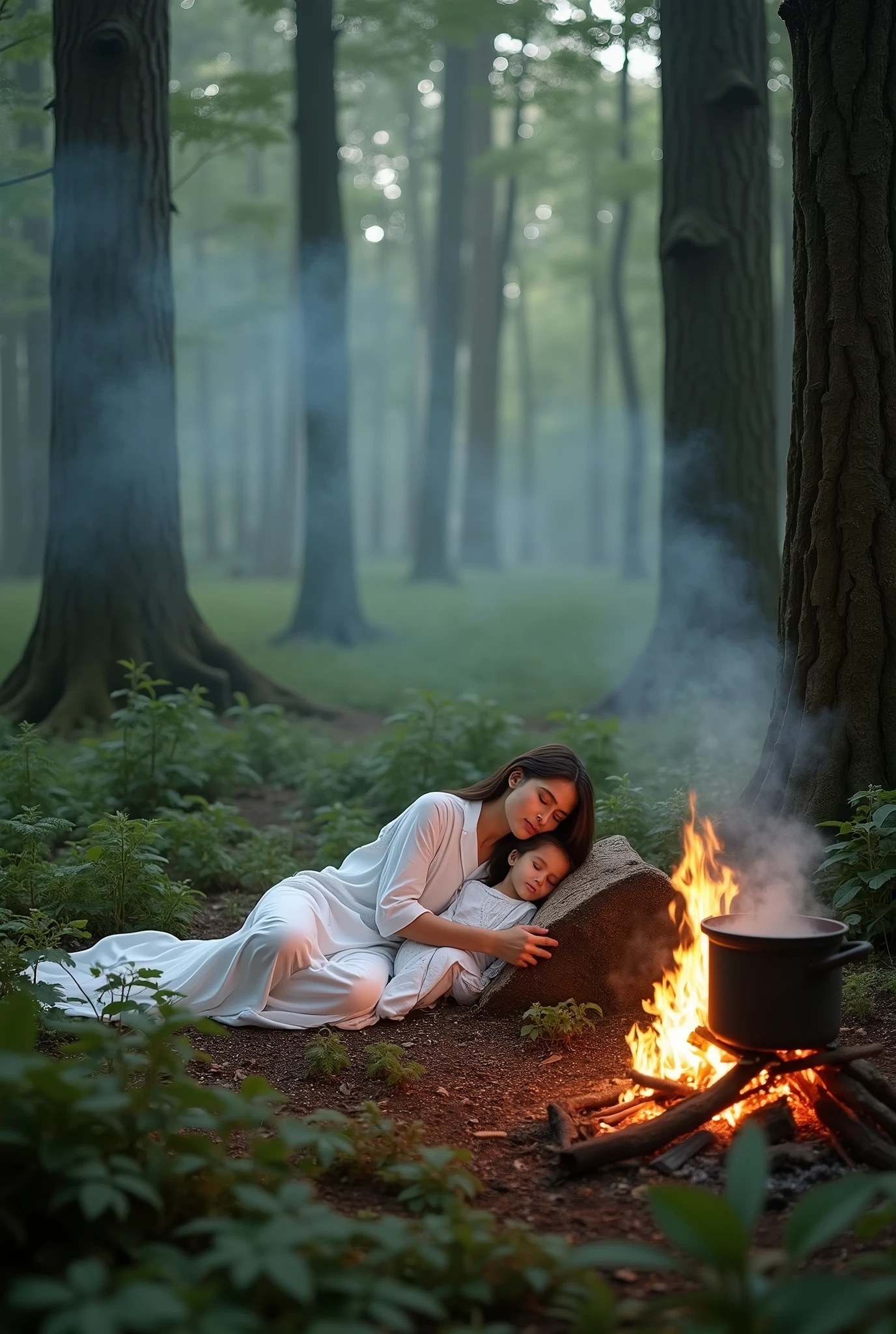 Femme dormant avec sa fille
Parmi les arbres, elle porte une chemise de nuit blanche. Un feu brûlant avec une marmite dessus
Il y a un épais brouillard