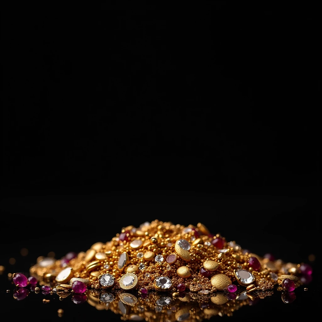 Make a black background with lots of gold, diamonds, rubies and expensive jewels thrown on the ground
