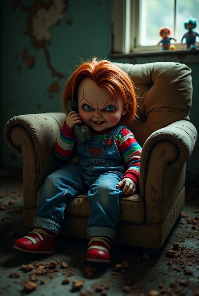 Create an image of a malnourished Chucky talking worriedly on a cell phone