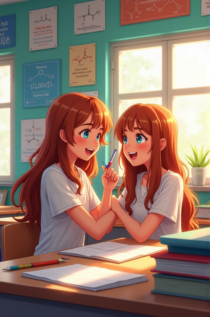A high school girl tickling under the armpit with a pen