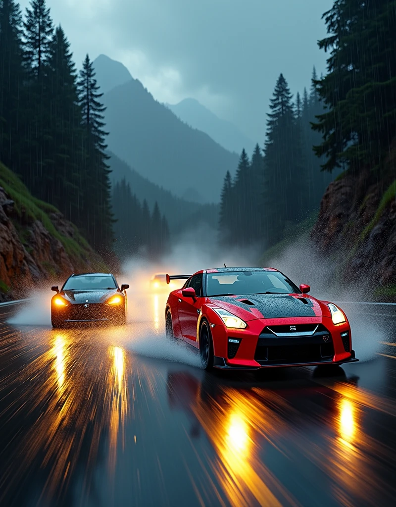 Race cars in a high speed street race (best quality,4k,8k,highres,masterpiece:1.2),ultra-detailed, ((a customized car)), ((street racer)), ((a beautiful paintjob)), ((fully detailed)), illustration, vivid colors, GTR Nismo racing a NSX, Drifting, going fast, night, bright yellow headlights,setting USA Oregon's Mountain roads, No text on signs, Late night time, Set in a rain storm with lightning,1 car.,Nature, model shoot style, Fast action style, Sideways drifting in to a turn, Red and black cars,