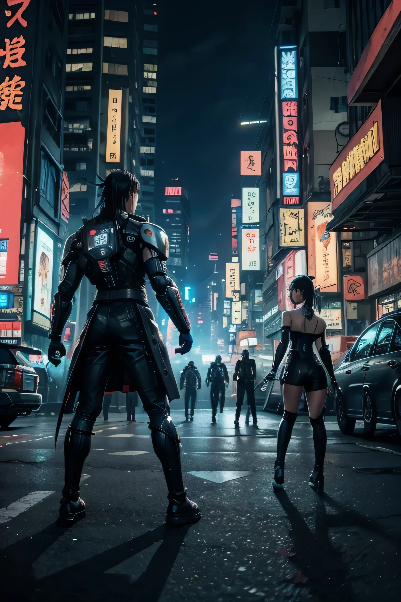 generate to me a youtube banner of androids fighting on a cyberpunk city with anime art style