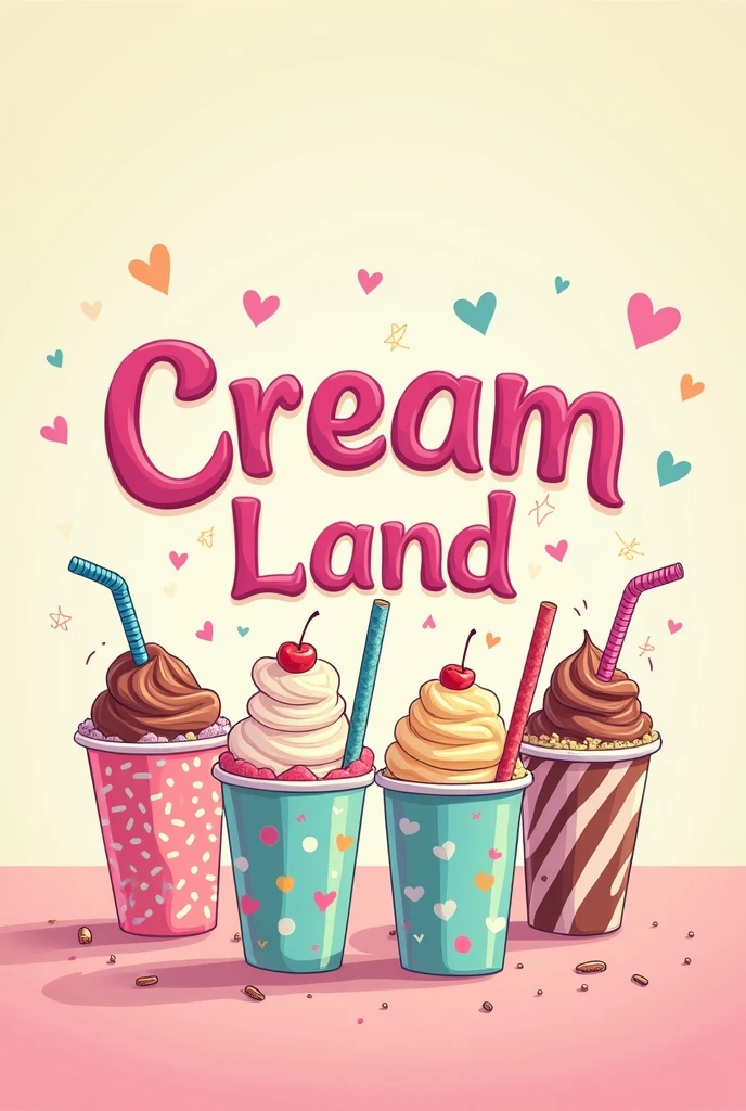 Word Logo  "Cream land" with drawings of disposable cups and straws 
