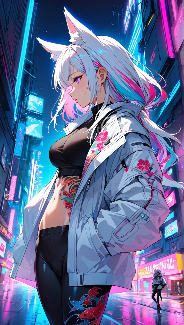 1woman, long white hair with pink and cyan tips,Muticolored hair, fox ears, purple eyes, wearing a white coat, leggings, wearing black undershirt, tattoos on arms, colorful koi tattoo, showing body, medium-big breasts, cyberpunk, profile picture perspective, neon, loose hair