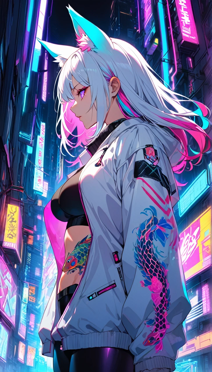 1woman, long white hair with pink and cyan tips,Muticolored hair, fox ears, purple eyes, wearing a white coat, leggings, wearing black undershirt, tattoos on arms,  colorful koi tattoo, showing body, medium-big breasts, cyberpunk, profile picture perspective, neon, loose hair