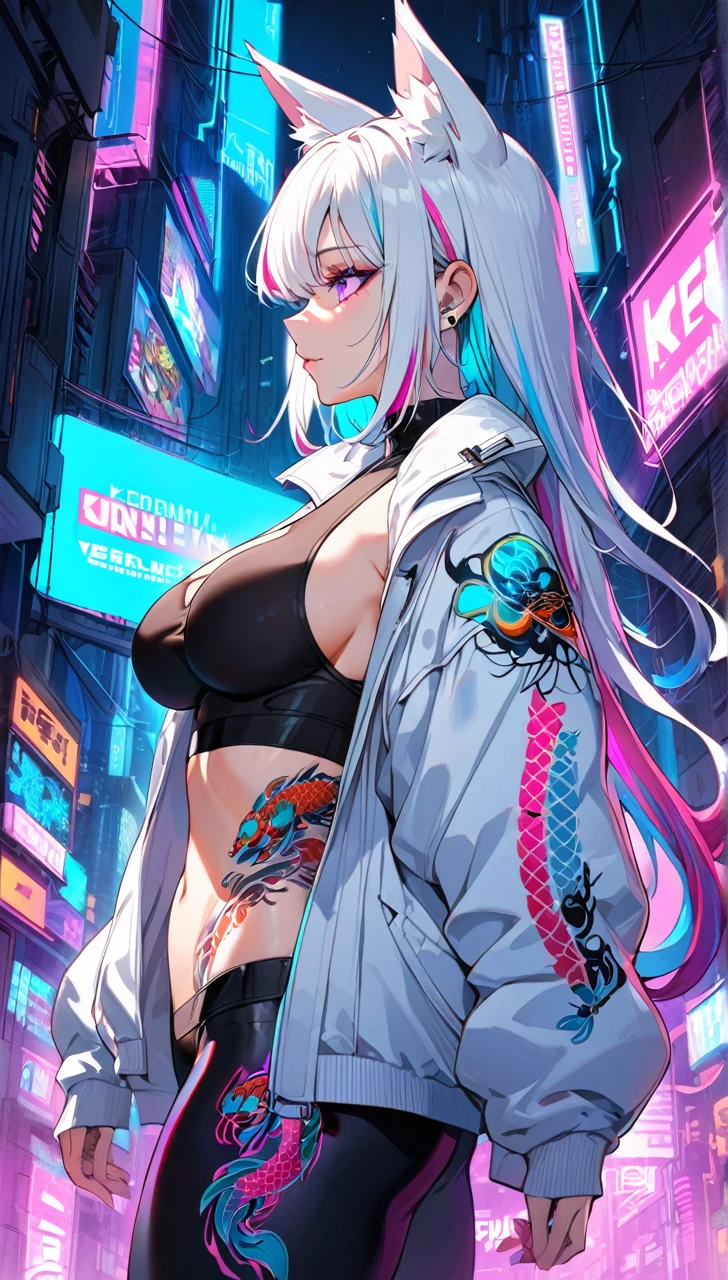 1woman, long white hair with pink and cyan tips,Muticolored hair, fox ears, purple eyes, wearing a white coat, leggings, wearing black undershirt, tattoos on arms, colorful koi tattoo, showing body, medium-big breasts, cyberpunk, profile picture perspective, neon, loose hair