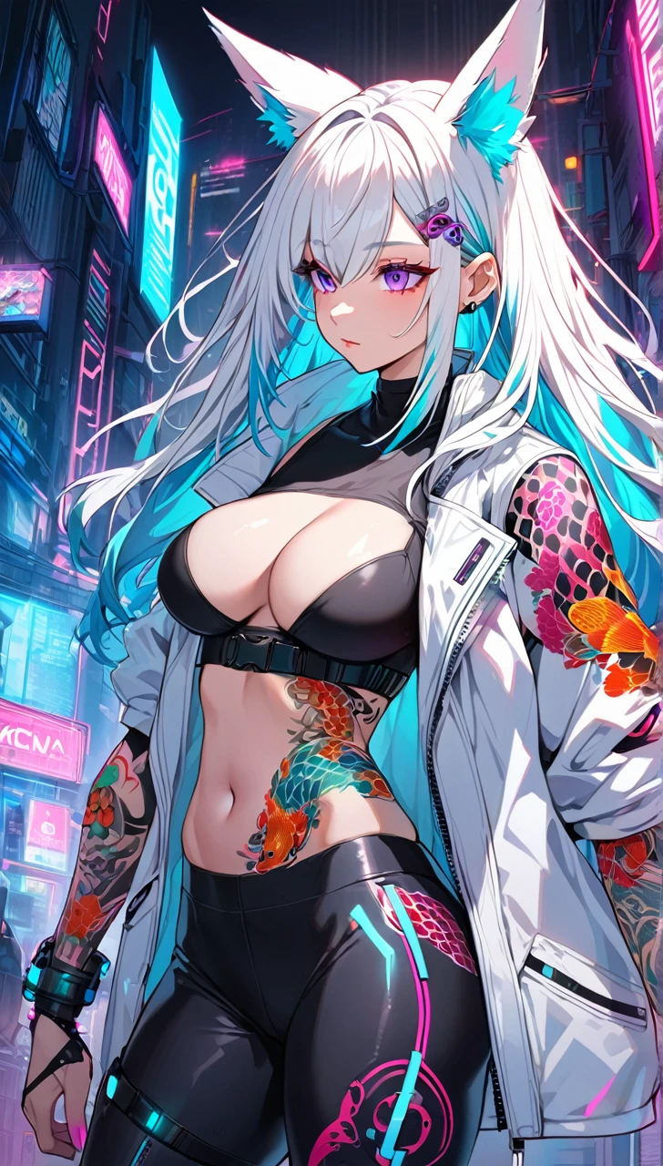 1woman, long white hair with pink and cyan tips,Muticolored hair, fox ears, purple eyes, wearing a white coat, leggings, wearing black undershirt, tattoos on arms,  colorful koi tattoo, showing body, medium-big breasts, cyberpunk, profile picture perspective, neon, loose hair