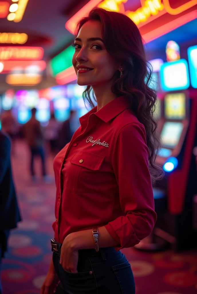Sexy woman playing at a casino
Wearing a shirt with the phrase " red pocket"