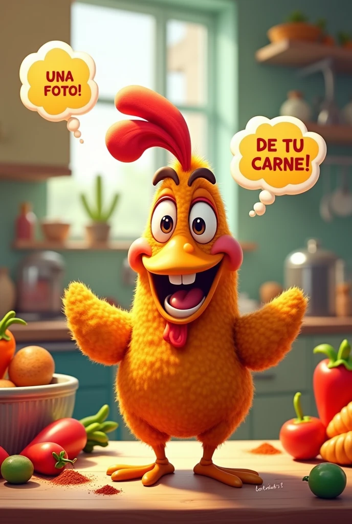 A chicken leg saying "a photo of your meat" in Spanish
