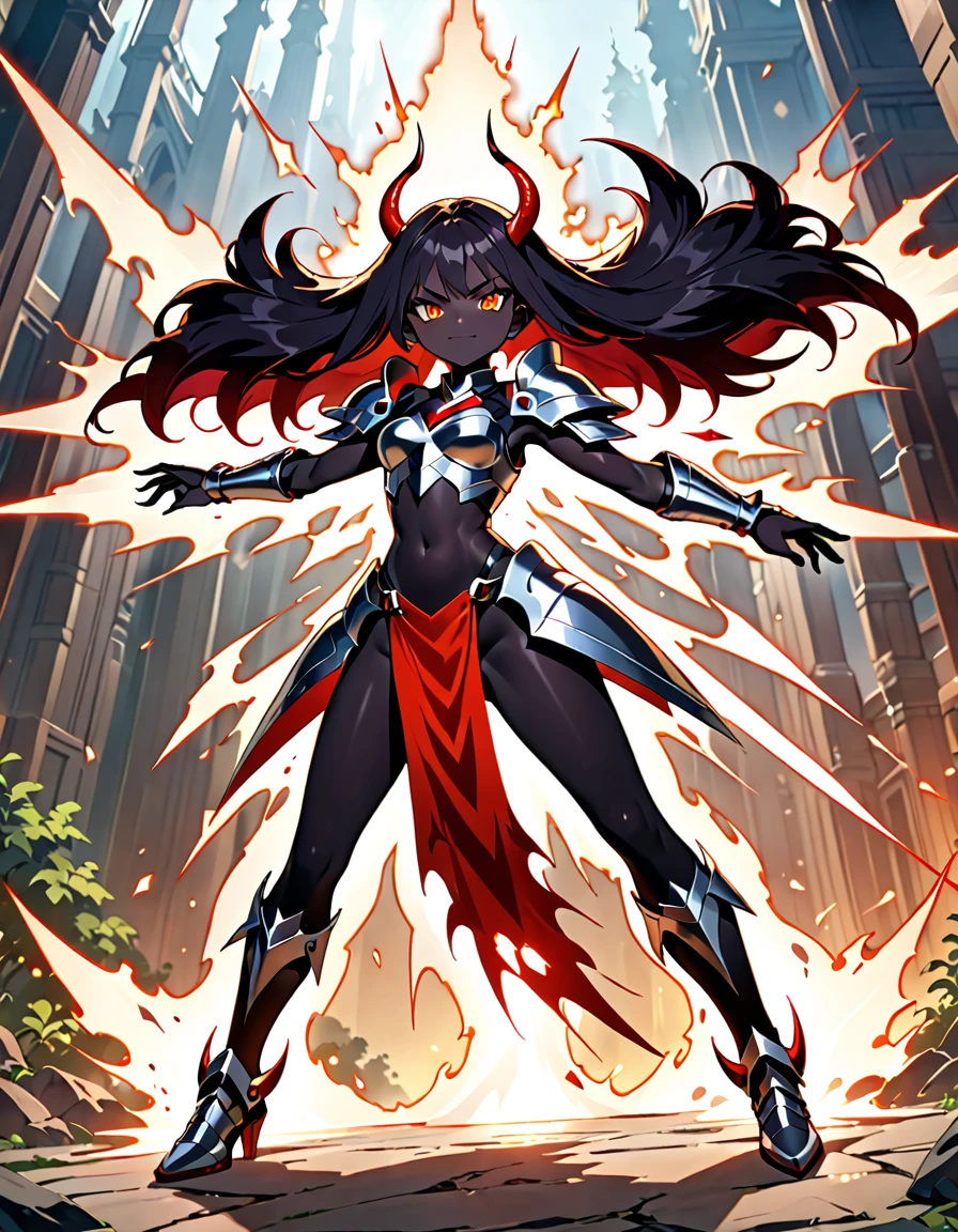 (((masterpiece, best quality, high detailed, 16k))) (1girl) A fierce girl donning armor reminiscent of Black WarGreymon, her eyes burning with determination and strength. Her hair is a stark black with streaks of silver, flowing around her fierce expression. She wears a dark, metallic armor, adorned with menacing spikes and intricate patterns of red and black, echoing the design of a powerful Digimon warrior. The armor is both robust and sleek, offering maximum protection while enhancing her intimidating presence. She wields a massive, clawed gauntlet, and her stance exudes readiness for battle. Around her, a dark aura pulses with raw energy, hinting at her immense power and relentless spirit. ((full body view:1.4)),(devil:1.3), (pure black skin:1.3), (dynamic angle:1.2).