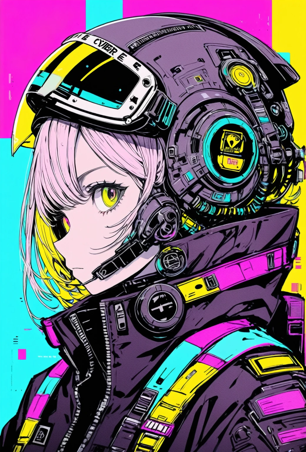(masterpiece,Highest quality,Super detailed,Ultra-high resolution,Detailed Background),((cyber punk)),((Flat Color)),((colorful)),(One person),pilot,pilot helmet,pilot jacket,View your viewers,alone,Upper Body,Colored Background,High Contrast,Contrasting colors,Cowboy Shot,