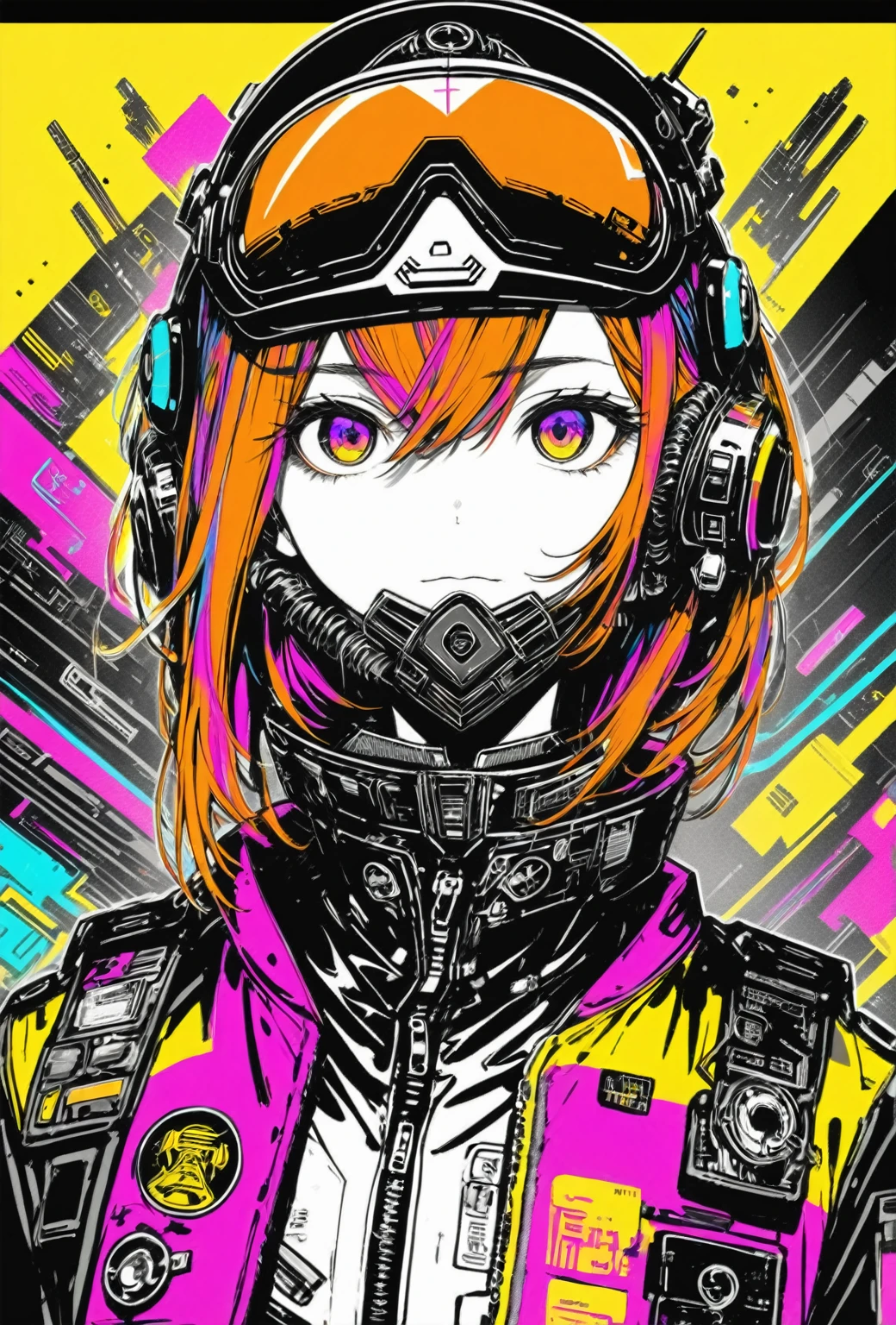 (masterpiece,Highest quality,Super detailed,Ultra-high resolution,Detailed Background),((cyber punk)),((Flat Color)),((colorful)),(One person),pilot,pilot helmet,pilot jacket,View your viewers,alone,Upper Body,Colored Background,High Contrast,Contrasting colors,Cowboy Shot,