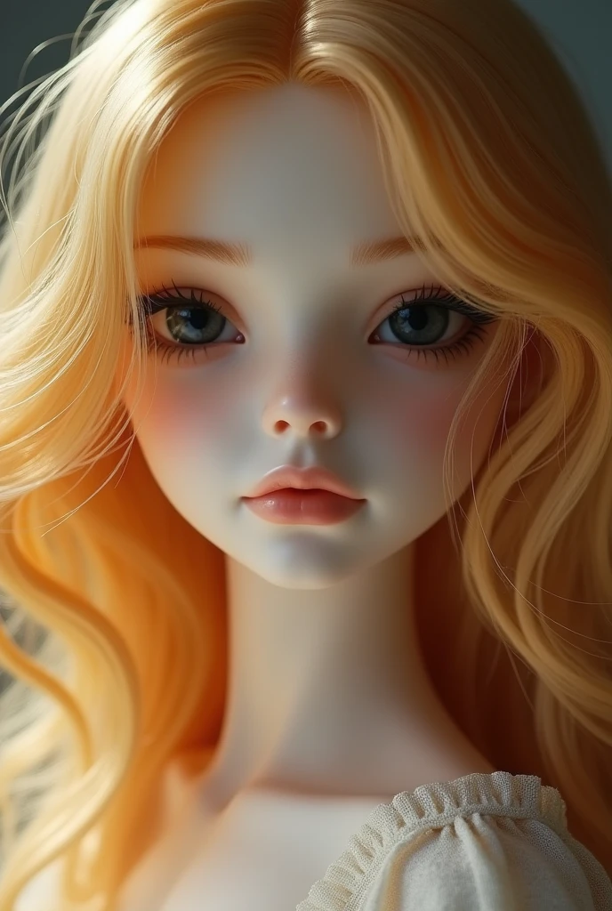 doll with verry cresp golden hair, white and luminous skin. Only your face are focused on in the image. eyes black