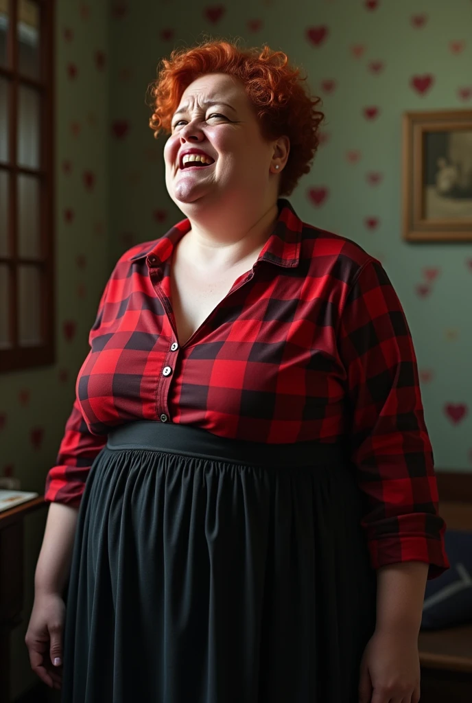 woman 40 years old, obese and fat, bitter, sweet. silly. very short red curly hair badly combed, tight red silky blouse with large black checks half open buttoning showing nipple, long black skirt, long colored apron, round and chubby face of a good-natured red slapped full of tears and snot, downcast gaze, crying, screaming in pain, terrified, dehumanized. trembling, abused, sweaty, urinated on, broken and bleeding lip, desperate, lying on the floor, they pull her hair, they whip her with a whip.