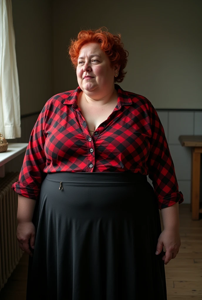 woman 40 years old, obese and fat, bitter, sweet. silly. very short red curly hair badly combed, tight red silky blouse with large black checks half open buttoning showing nipple, long black skirt, long colored apron, round and chubby face of a good-natured red slapped full of tears and snot, downcast gaze, crying, screaming in pain, terrified, dehumanized. trembling, abused, sweaty, urinated on, broken and bleeding lip, desperate, lying on the floor, they pull her hair, they whip her with a whip.