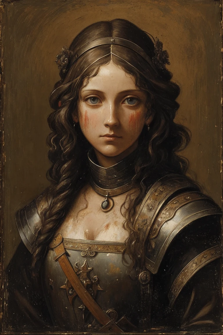 A painting of a woman, mended armor, rags poking through gaps of the armor, no helmet, curly ratty hair, cold eyes, scarred face, emotionless smile, pale, covered in old blood and puss, fraying bandages holding together armor, in a destroyed village, holding a chipped and stained claymore(sword), very dark at night, no reflections, painting of an armored woman, low visibility, renaissance style painting, crude art, starless night, at nighttime, no light, painterly aesthetic, defiant expression