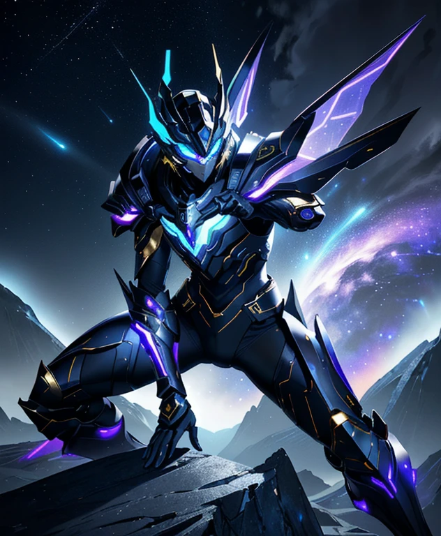 Faça um homem: The image presents a highly detailed and futuristic armor designed for a male warrior. The armor combines elements from different parts to create a cohesive and powerful look.
Helmet: The helmet features a sleek, aerodynamic design with a golden metallic finish. It has a central crest that rises upwards, and the visor glows with a bright blue light, giving it a high-tech, futuristic appearance.
Pauldrons (Shoulder Pads): The shoulder pads are large and wing-like, curving outward and upward, with a polished golden finish. These pads extend slightly beyond the shoulders and include a sleek, angular design, providing both a majestic and powerful look.
Chest Plate: The chest plate is intricately segmented, with a combination of gold and dark metallic blue. It has a gem-like crystal in the center that emits a soft, mystical glow. The design of the chest plate is both protective and regal, with sharp, angular lines that add to the overall futuristic aesthetic.
Arm Guards: The arm guards are sleek and streamlined, with articulated golden and purple segments that offer flexibility and protection. The design of the gauntlets is both robust and elegant, incorporating futuristic elements that blend with the classic style.
Leg Armor: The legs are armored with segmented plates that are primarily gold and purple. The boots are angular and sturdy, with a design that conveys both strength and agility. The overall look of the leg armor is grounded yet sleek, completing the ensemble with a powerful stance.
The background of the image is a dark cosmic scene, filled with distant stars and nebulae that highlight the polished surfaces of the armor. Dynamic lighting is used to emphasize the key features, particularly the glowing visor and central chest gem, reinforcing the mystical and imposing nature of the warrior
